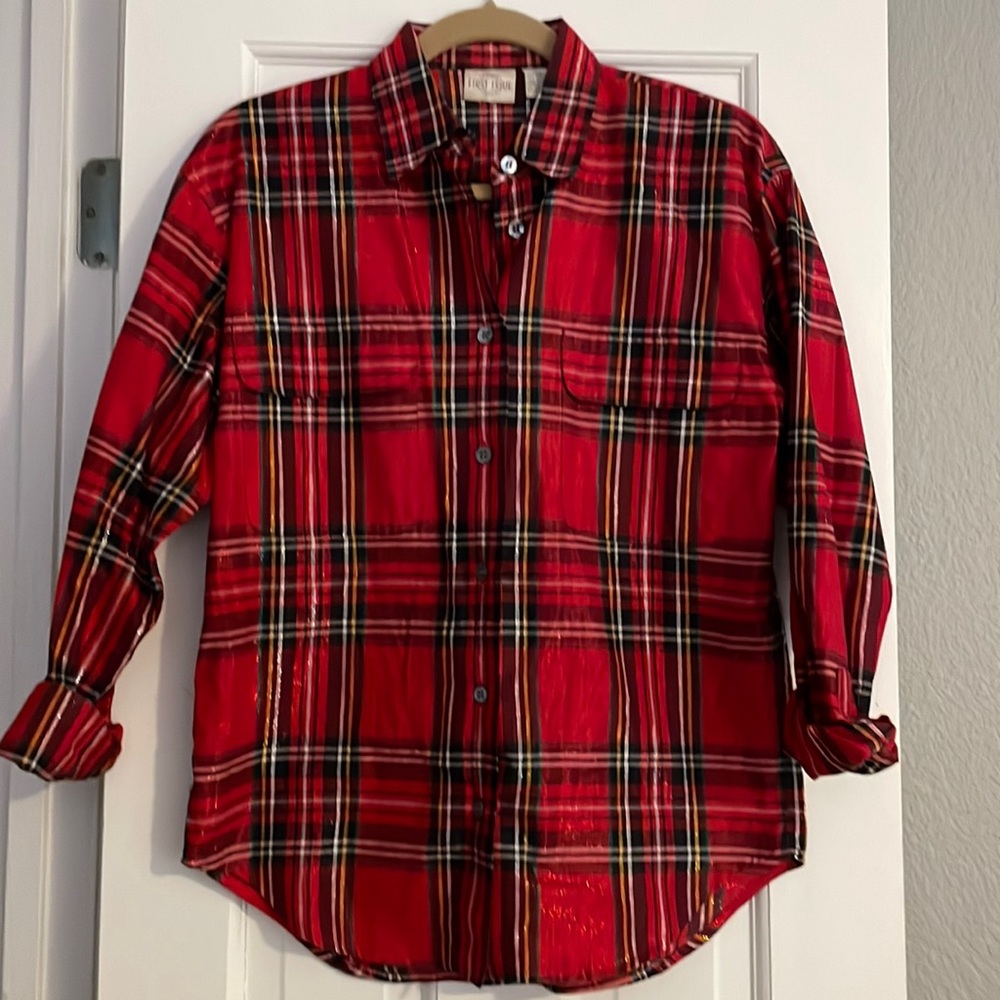 Christmas/Holiday Sparkly Red Tartan Button Down Blouse
